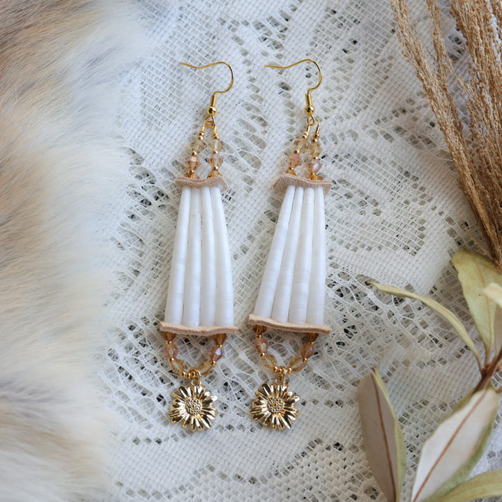 Prairie Sage Beadwork Dentalium & Gold Drop Earrings