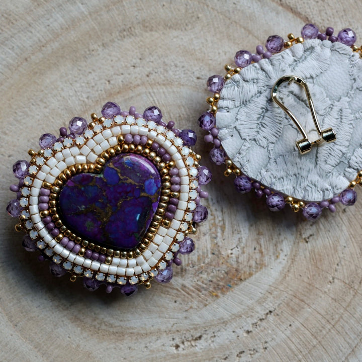 Prairie Sage Beadwork Purple Heart Beaded Earrings