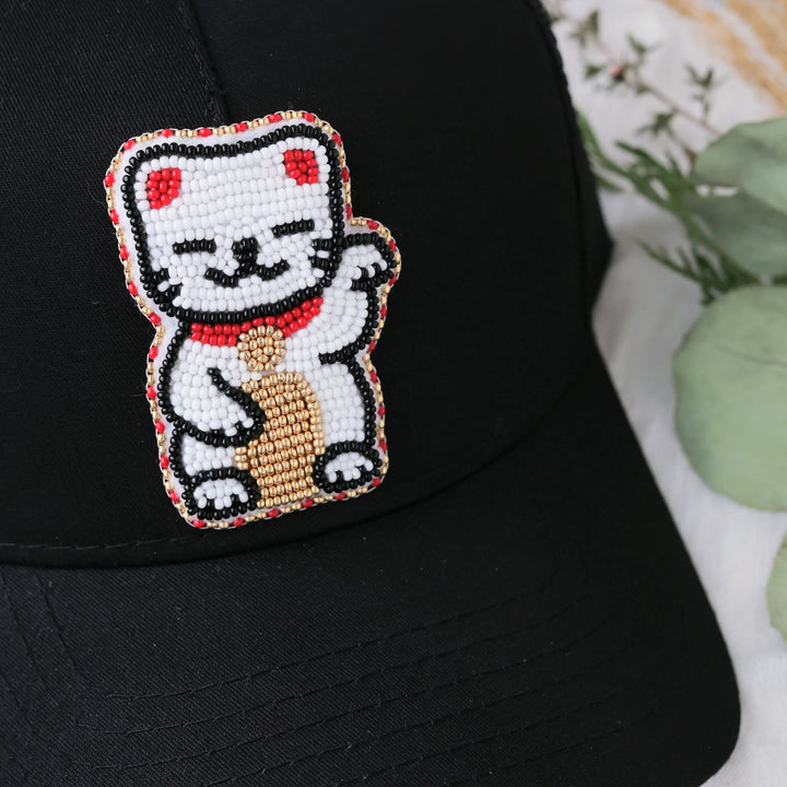 March Beadmaster Fancy Feline Eh Lucky Cat Maneki Neko Snapback Hat & Brickstitch Earrings
