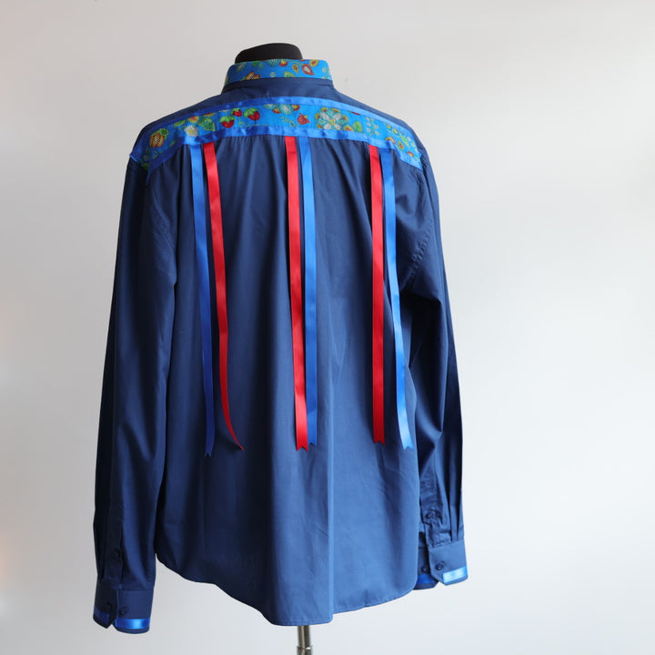 Margaret R. Blue Beaded Floral Ribbon Shirt
