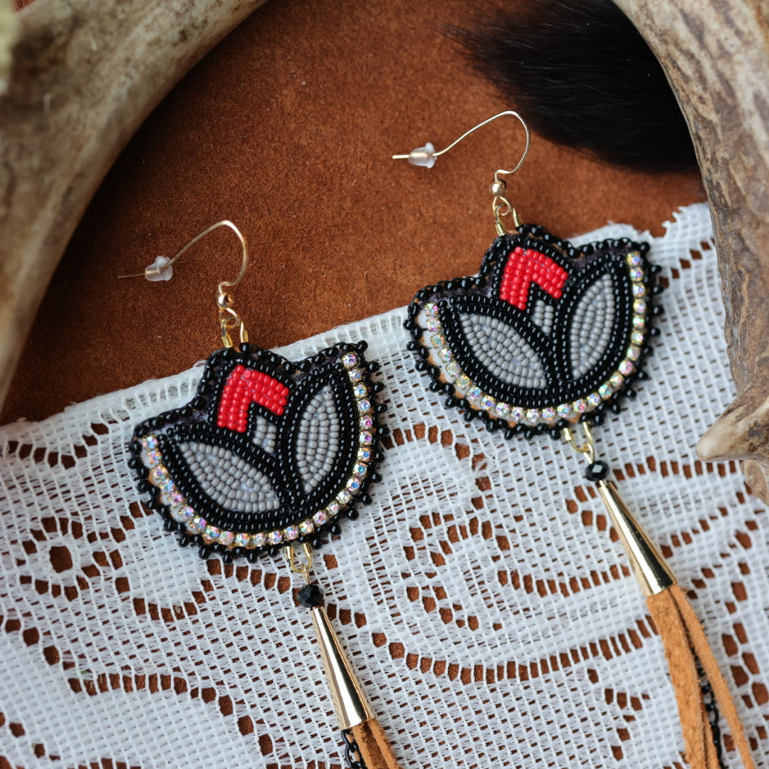 DMD Beadwork Black &amp; Red Floral Beaded Earrings