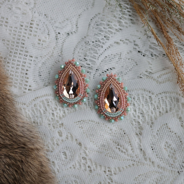 Prairie Sage Beadwork Peach Teardrop Beaded Earrings