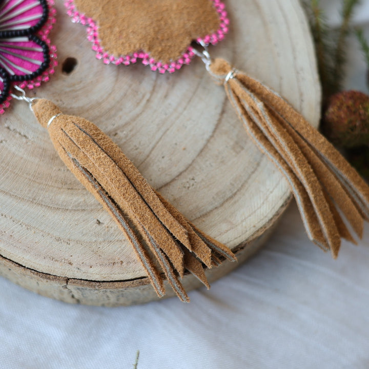 Boreal Forest Beads Floral Moose Hide Tassel Earrings