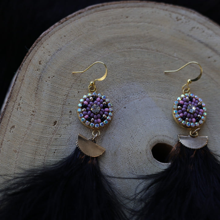 Helen Oro Designs Purple Beaded Feather Drop Earrings