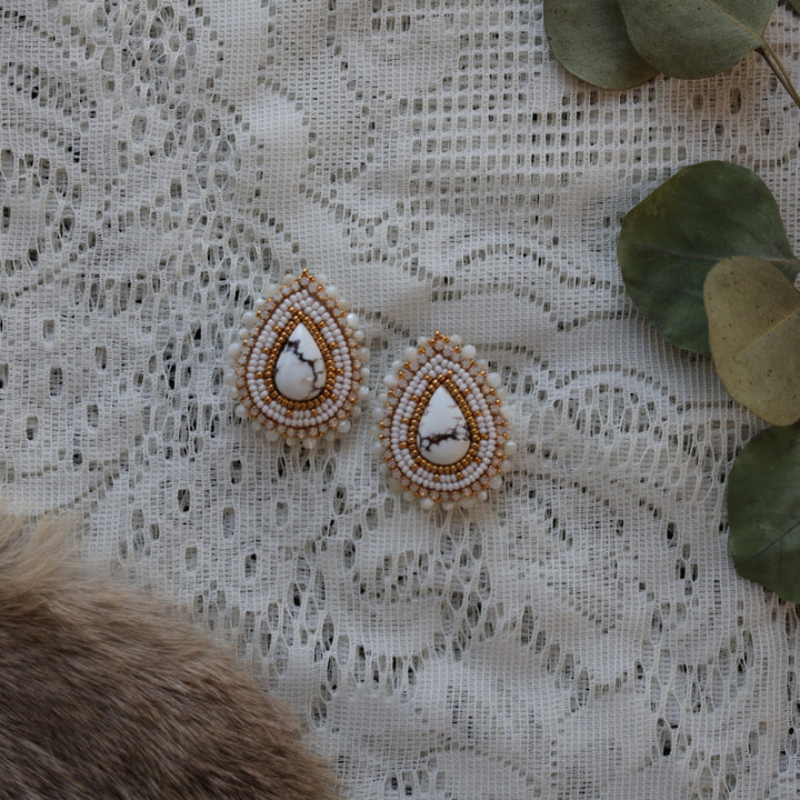 Prairie Sage Beadwork Howlite Teardrop Beaded Earrings