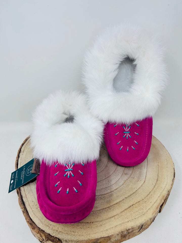 Laurentian Chief Ladies Fur Trimmed Moccasins Star Beaded Pattern