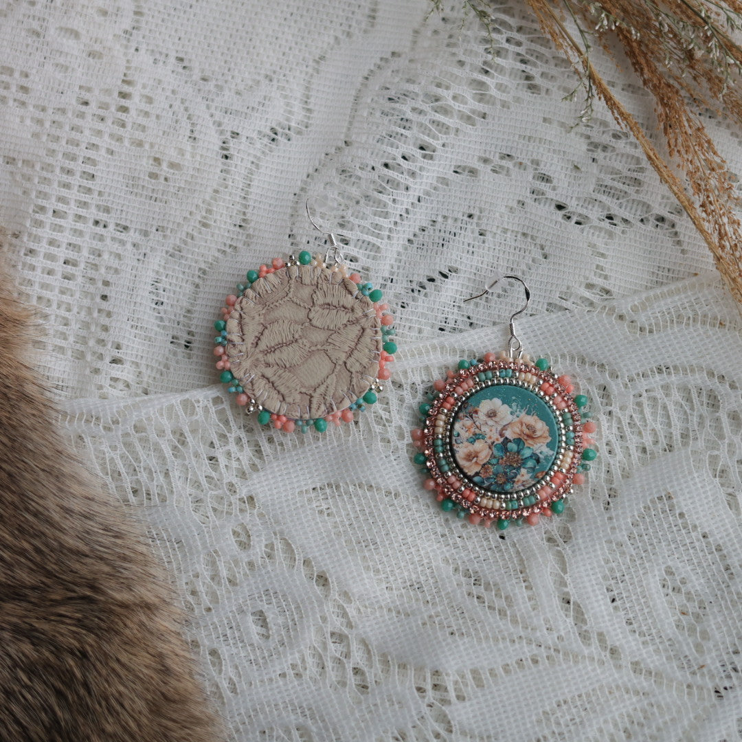 Prairie Sage Beadwork Pink & Green Floral Beaded Earrings