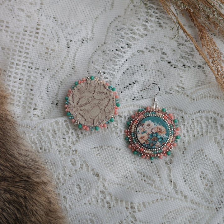Prairie Sage Beadwork Pink & Green Floral Beaded Earrings