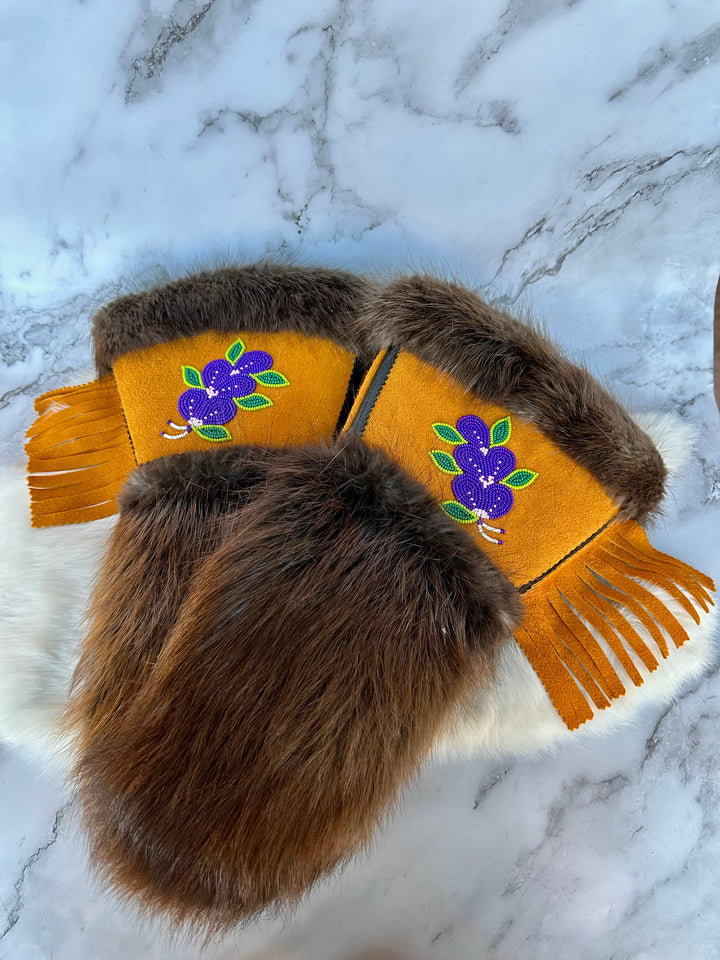 Caroline M. Beaded Flower Moose Hide Gauntlets