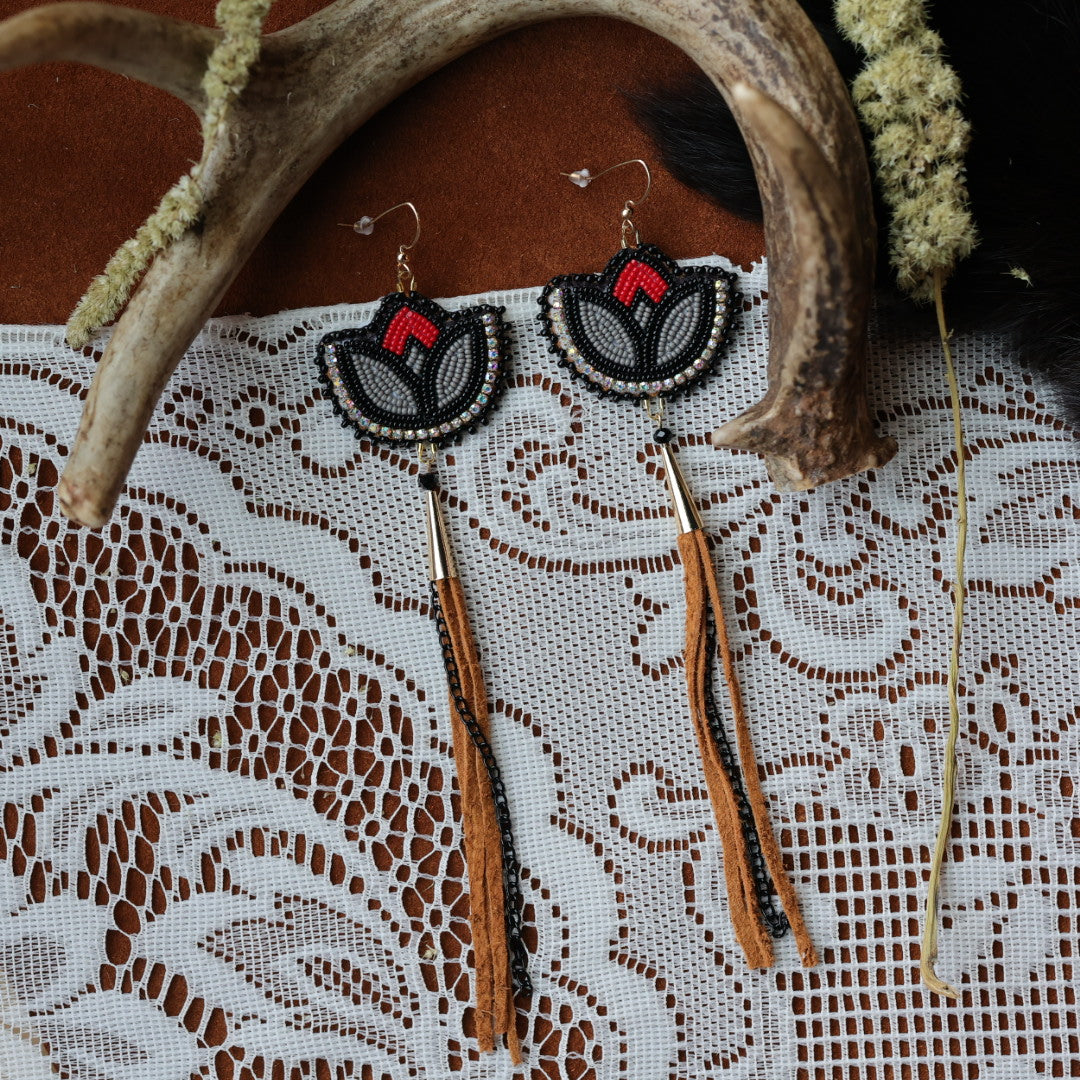 DMD Beadwork Black &amp; Red Floral Beaded Earrings
