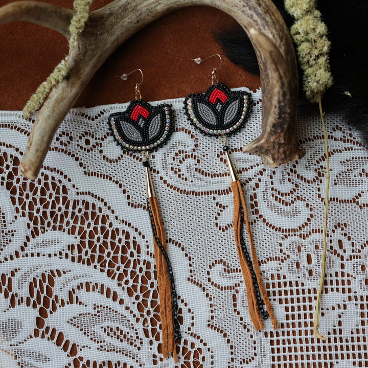 DMD Beadwork Black &amp; Red Floral Beaded Earrings