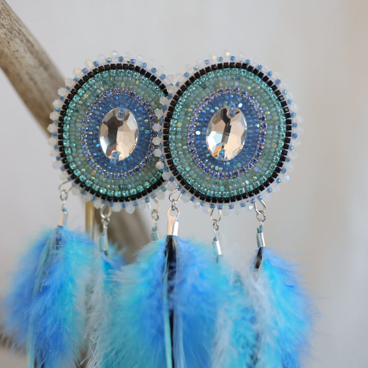 Beaded Blends Blue Beaded Statement Feather Earrings