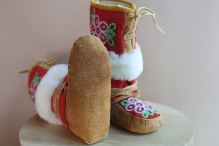 Emily J. Youth Red Felt & Moose Hide Mukluks