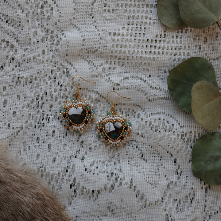 Prairie Sage Beadwork White Buffalo Turquoise Heart Beaded Earrings