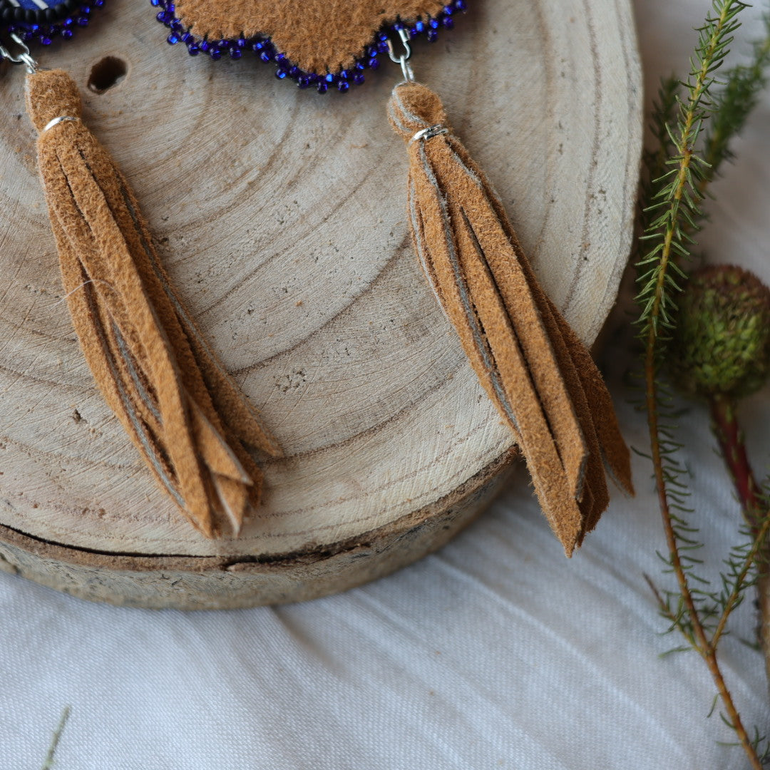 Boreal Forest Beads Floral Moose Hide Tassel Earrings