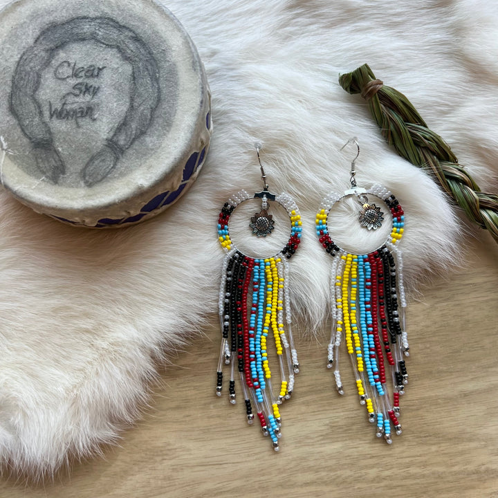 Clear Sky Woman Medicine Wheel Fringe & Charm Earrings