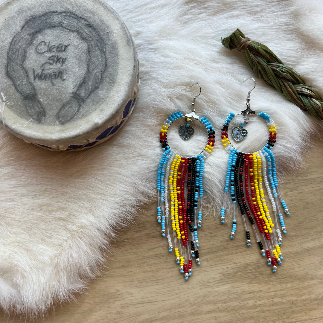 Clear Sky Woman Medicine Wheel Fringe & Charm Earrings