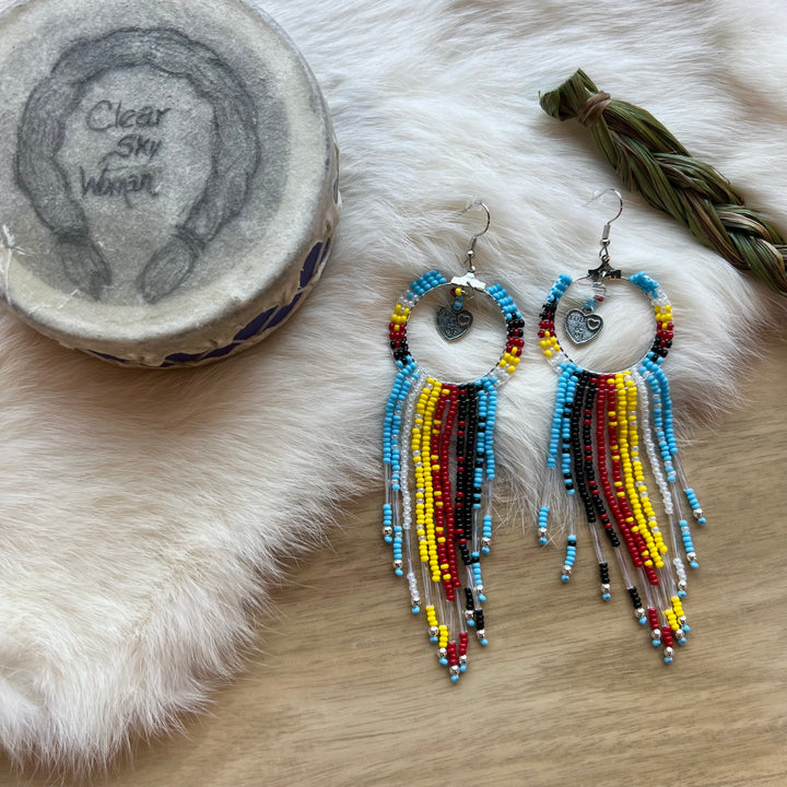 Clear Sky Woman Medicine Wheel Fringe & Charm Earrings