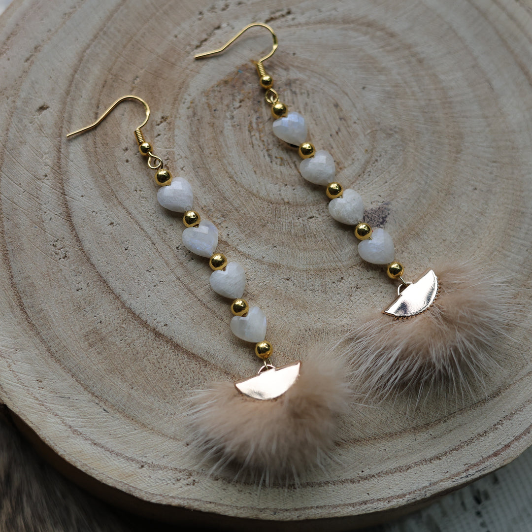 Prairie Sage Beadwork Moonstone Heart &amp; Mink Fur Drop Earrings
