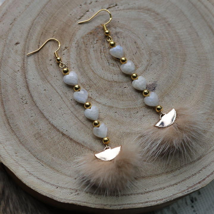 Prairie Sage Beadwork Moonstone Heart &amp; Mink Fur Drop Earrings