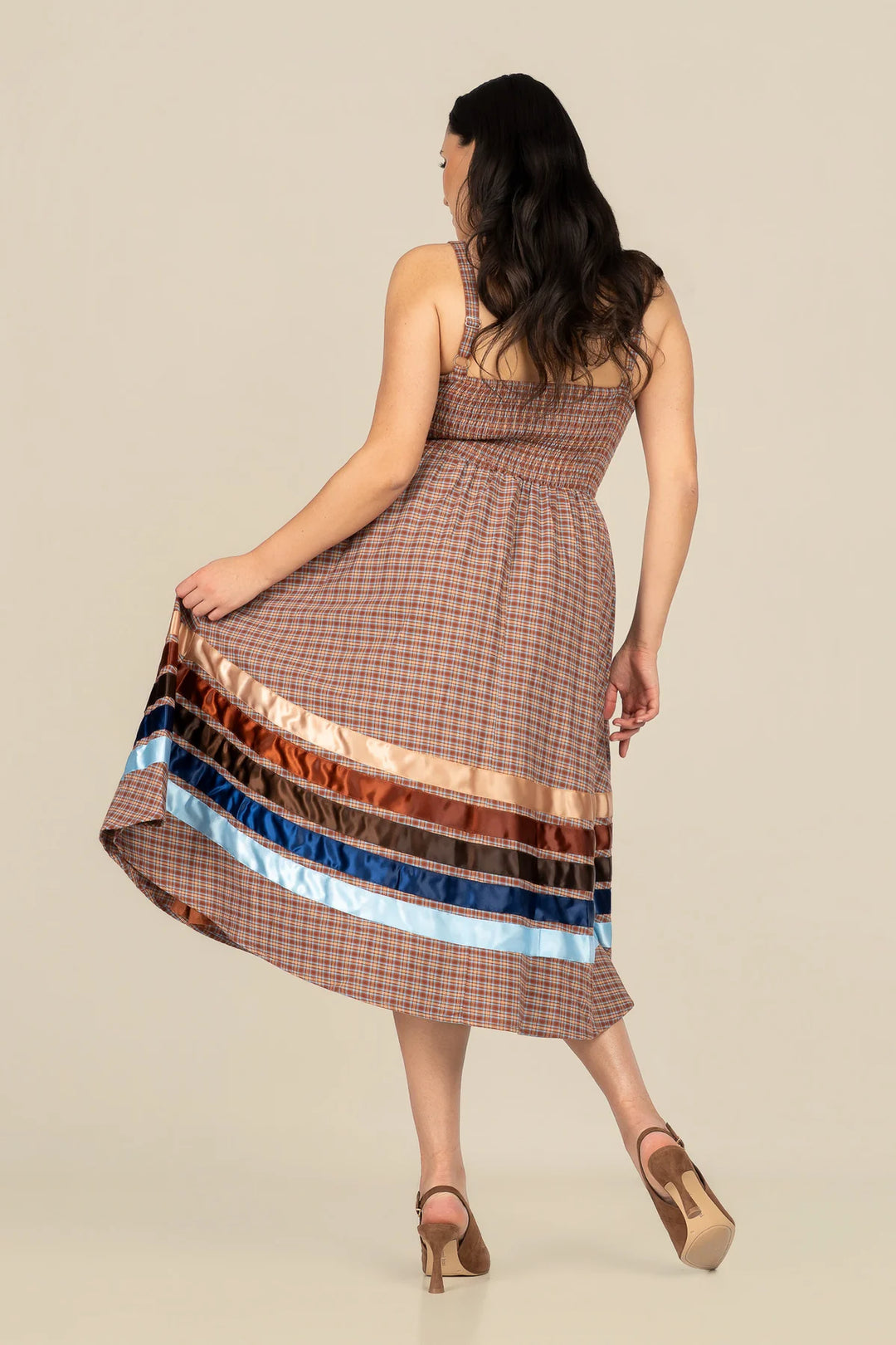 B. YELLOWTAIL Corset Midi Ribbon Dress- Blue &amp; Brown Plaid