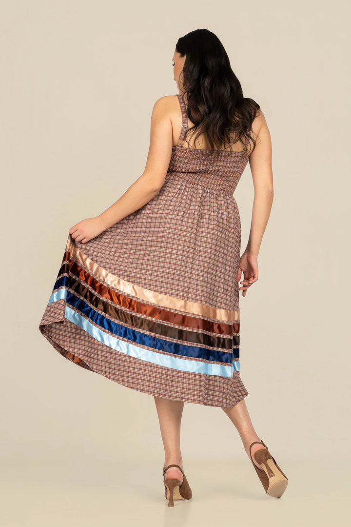 B. YELLOWTAIL Corset Midi Ribbon Dress- Blue &amp; Brown Plaid