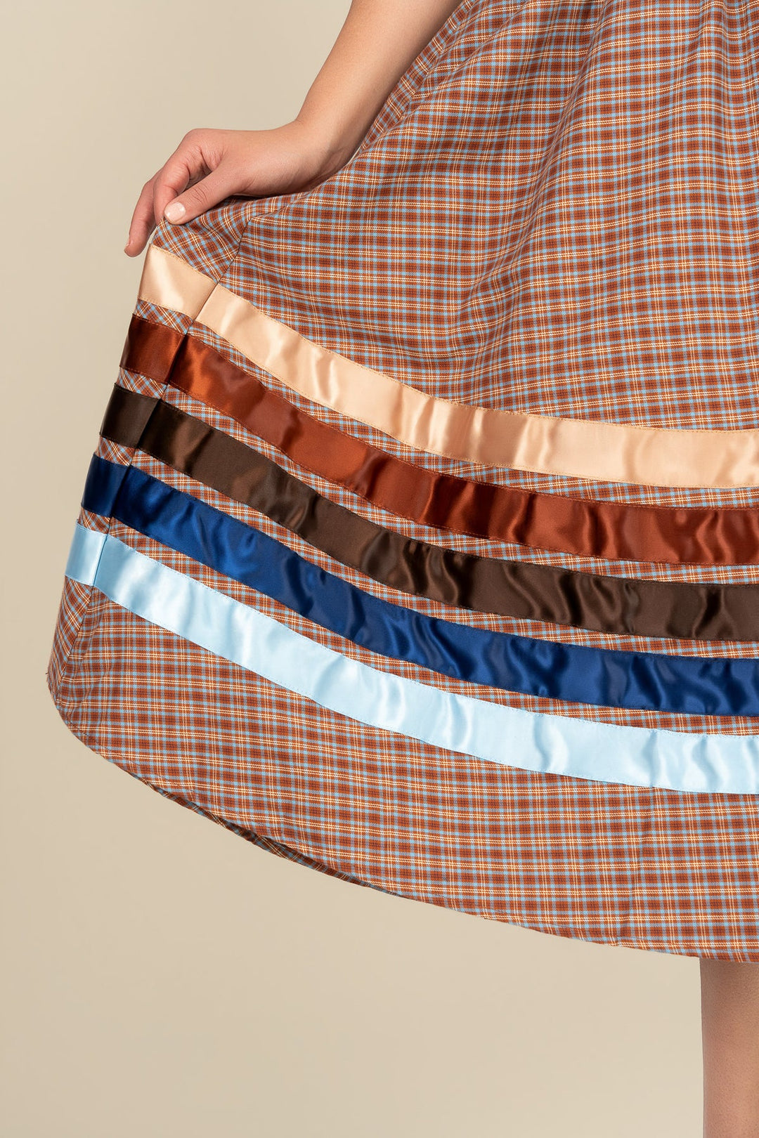 B. YELLOWTAIL Corset Midi Ribbon Dress- Blue &amp; Brown Plaid