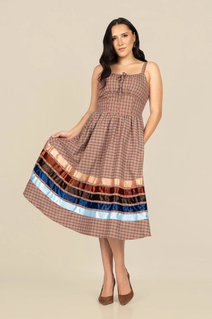 B. YELLOWTAIL Corset Midi Ribbon Dress- Blue &amp; Brown Plaid
