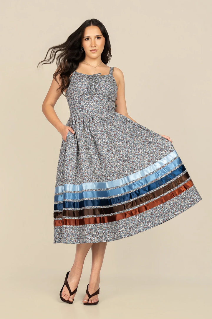 B. YELLOWTAIL Corset Midi Ribbon Dress- Paisley Blue