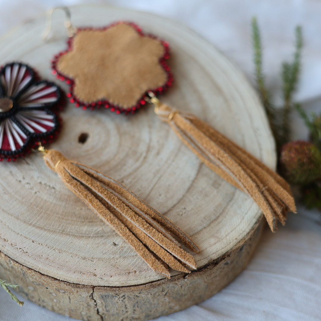 Boreal Forest Beads Floral Moose Hide Tassel Earrings
