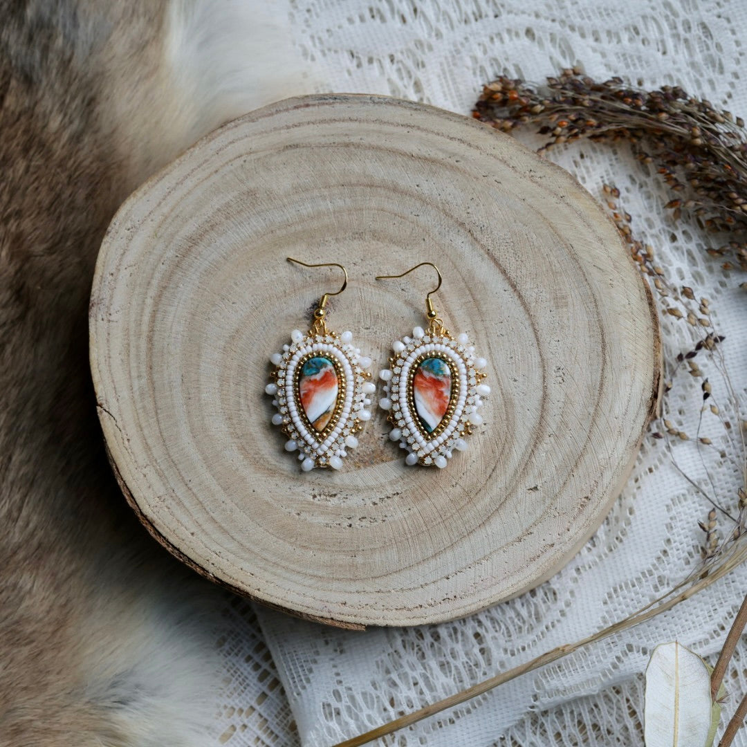 Prairie Sage Beadwork Spiny Oyster Turquoise Beaded Earrings