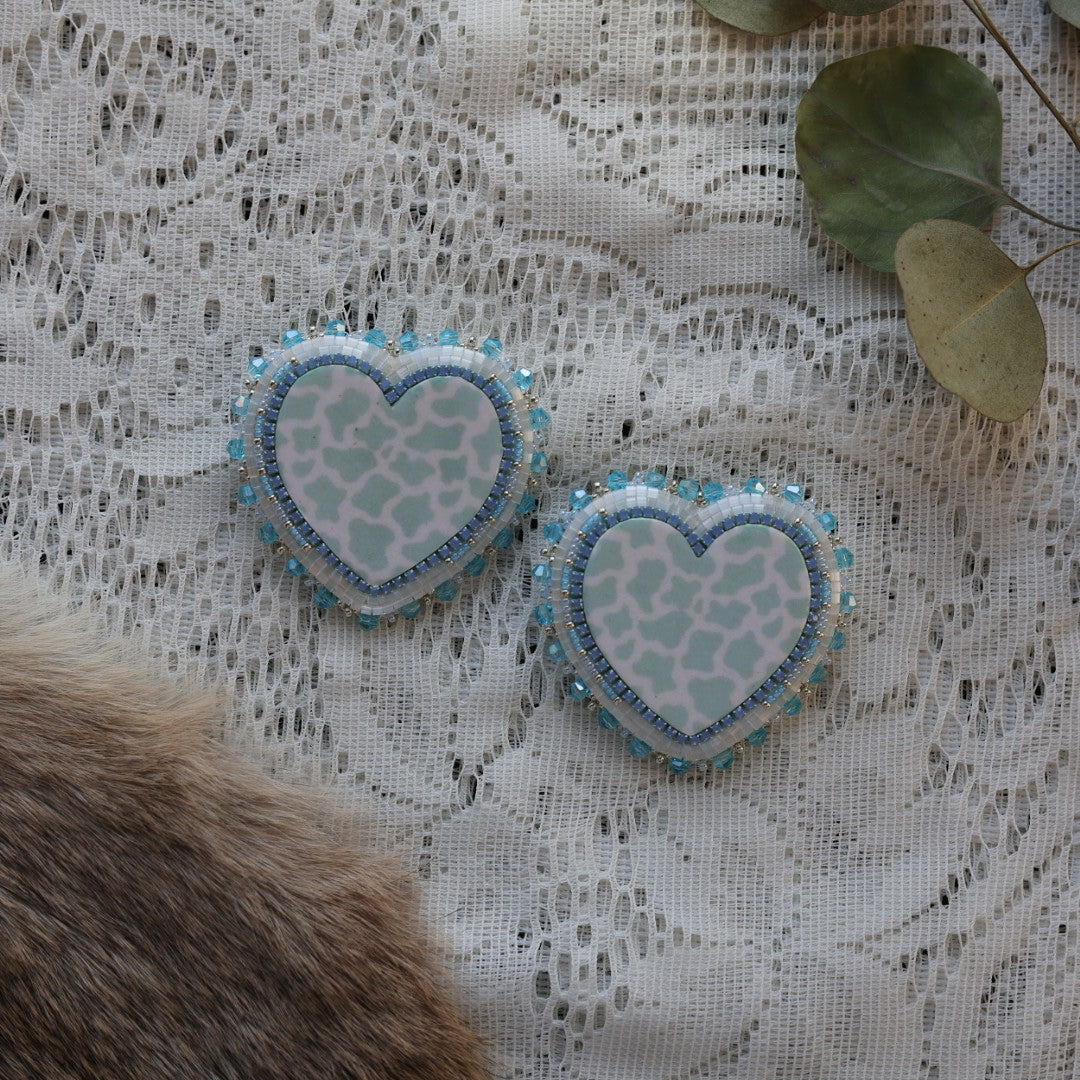 Prairie Sage Beadwork Cow Print Heart Beaded Earrings