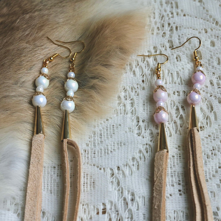 Prairie Sage Beadwork Opal & Deer Hide Tassel Earrings
