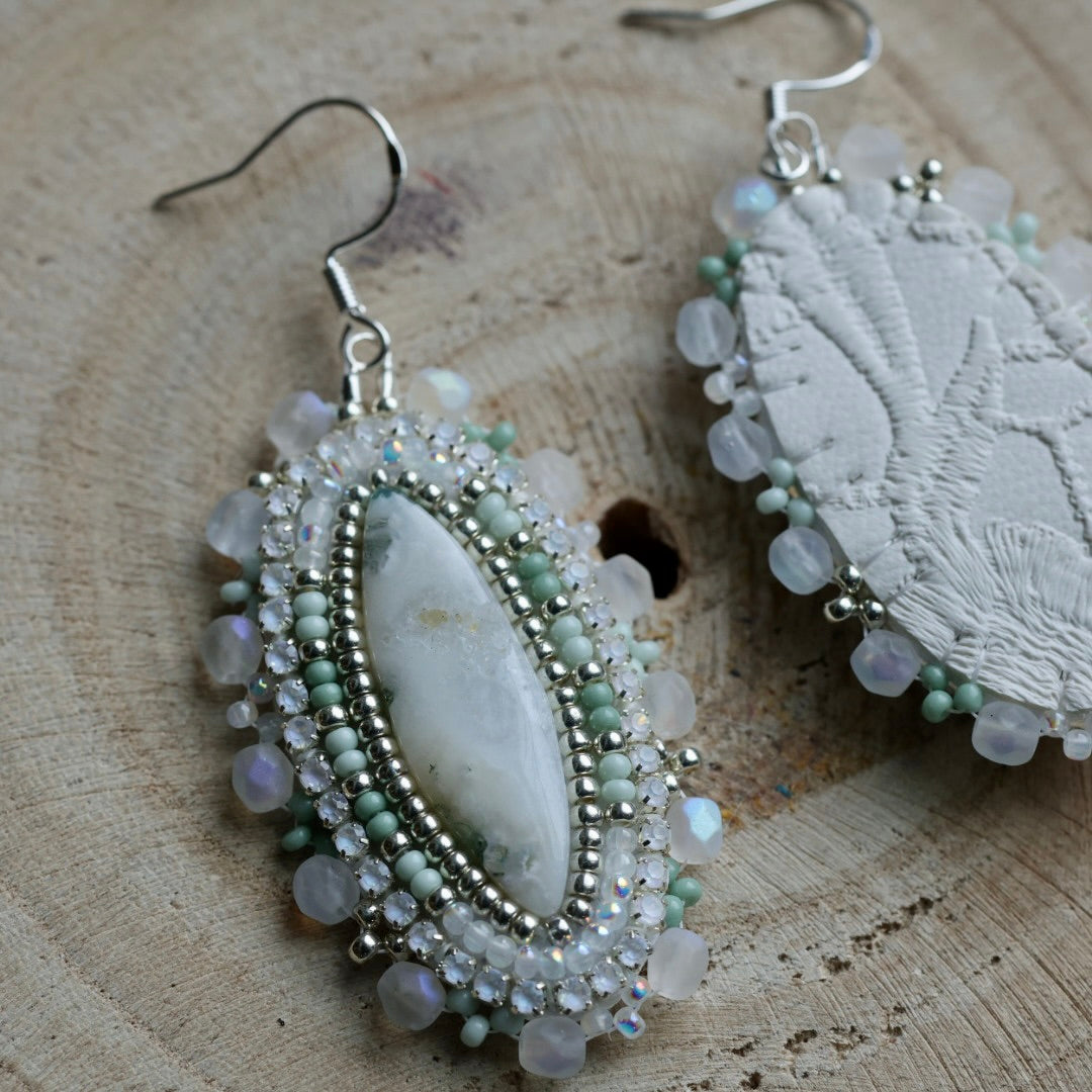 Prairie Sage Beadwork Light Green Moss Agate Beaded Earrings
