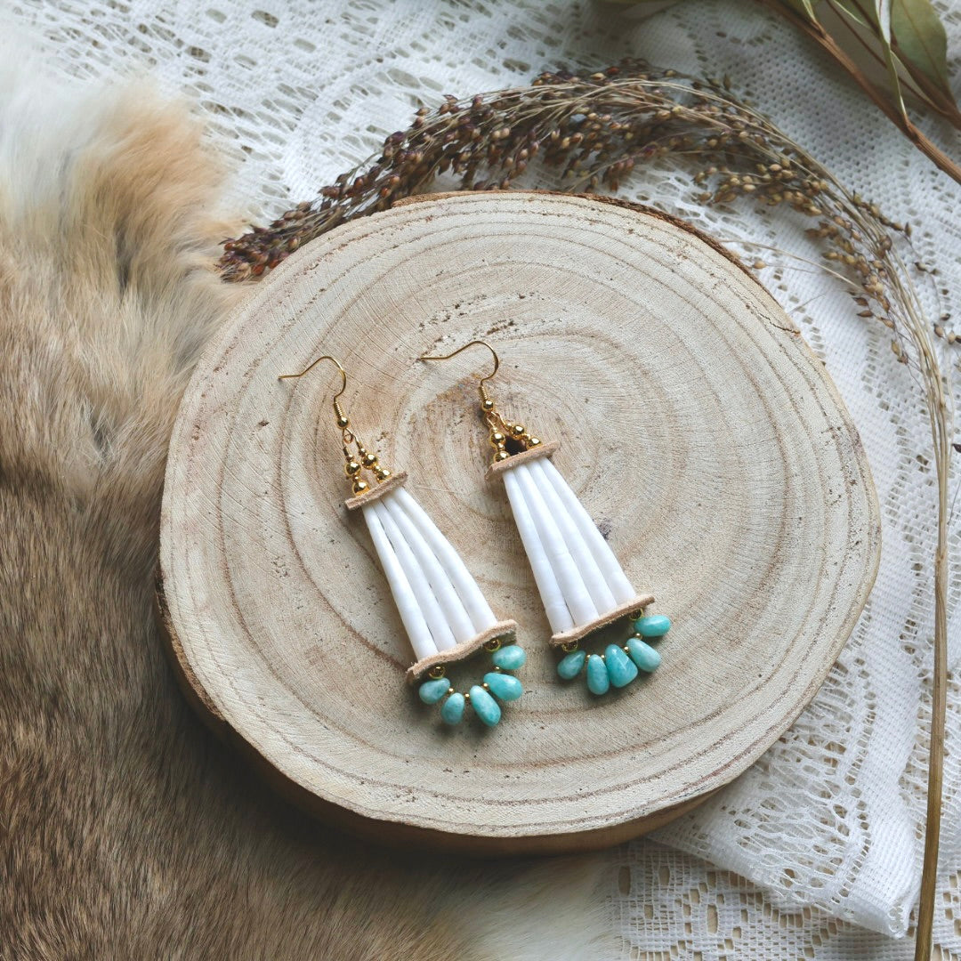 Prairie Sage Beadwork Amazonite Dentallium Drop Earrings