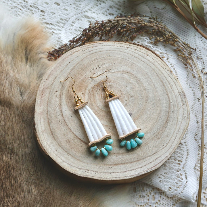 Prairie Sage Beadwork Amazonite Dentallium Drop Earrings