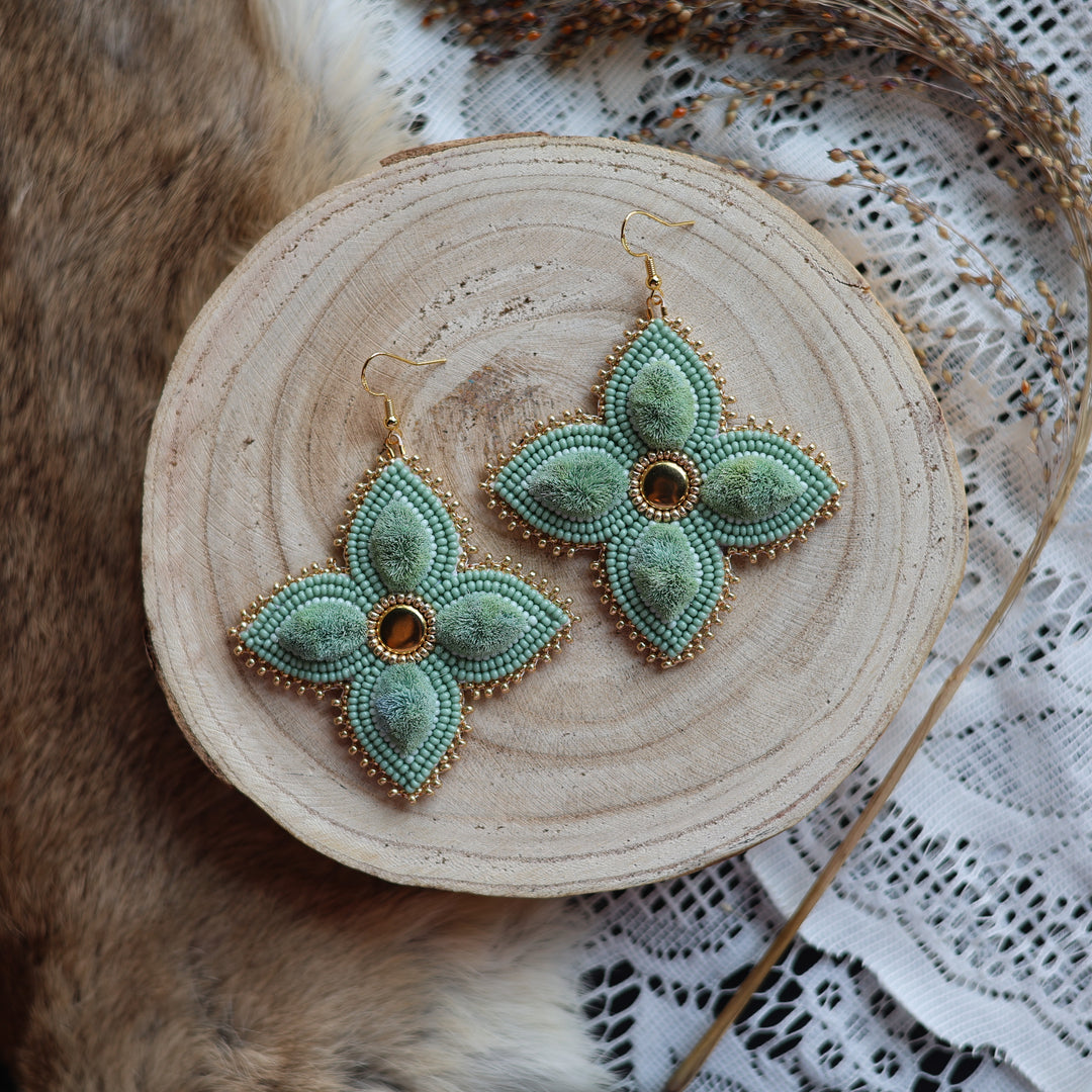 Prairie Sage Beadwork Four Petal Tufted Floral Earrings