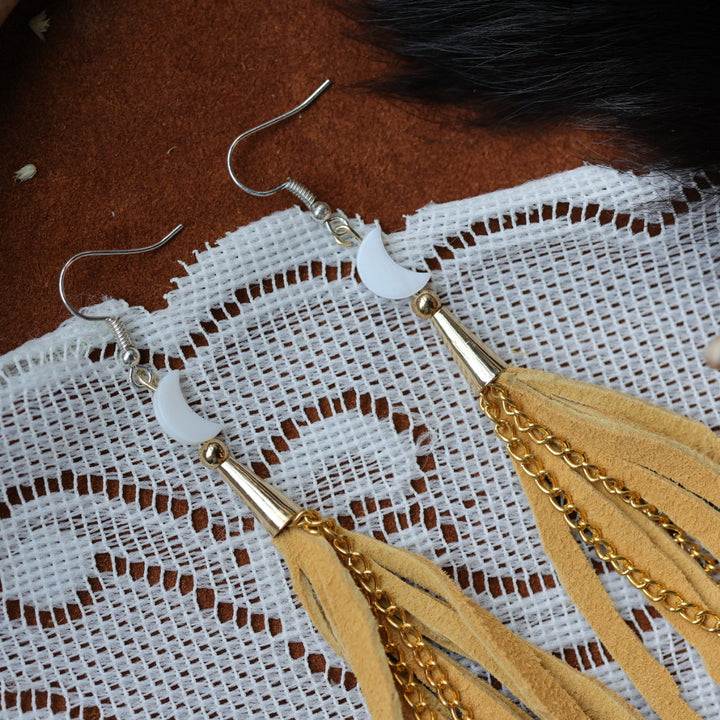 DMD Beadwork Moon Hide Fringe Earrings