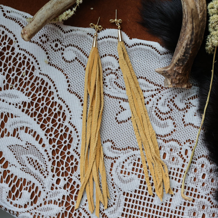DMD Beadwork Bow Hide Fringe Earrings