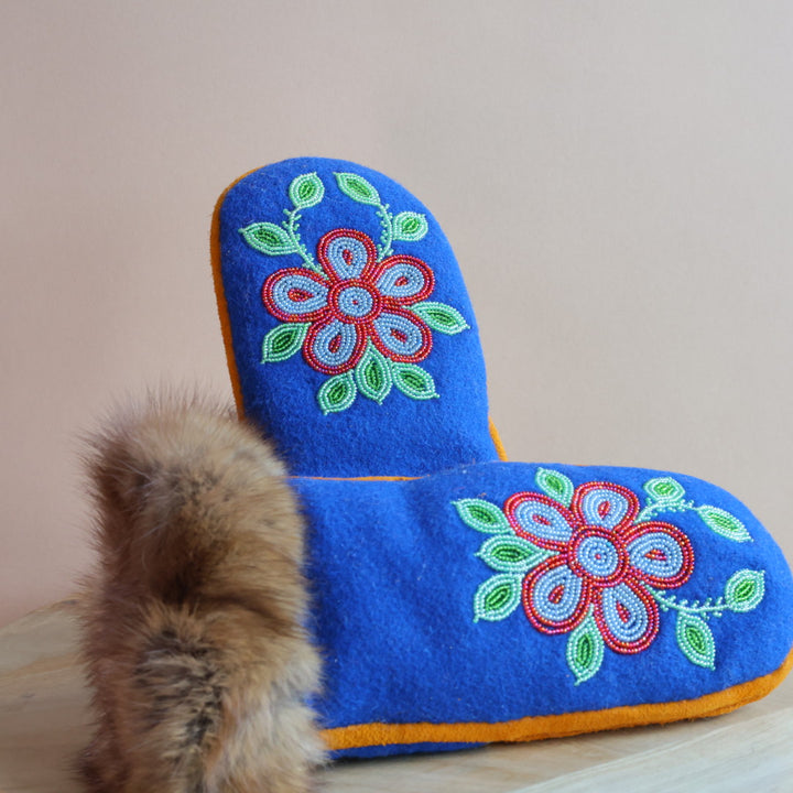 Emily J. Blue Felt & Beaver Pelt Moose Hide Mittens