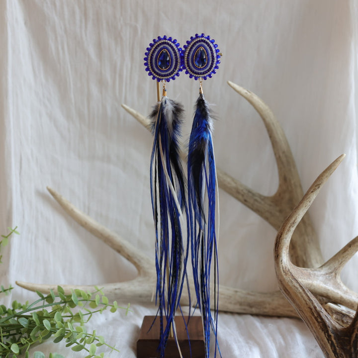 Beaded Blends Blue Beaded Single Strand Statement Feather Earrings