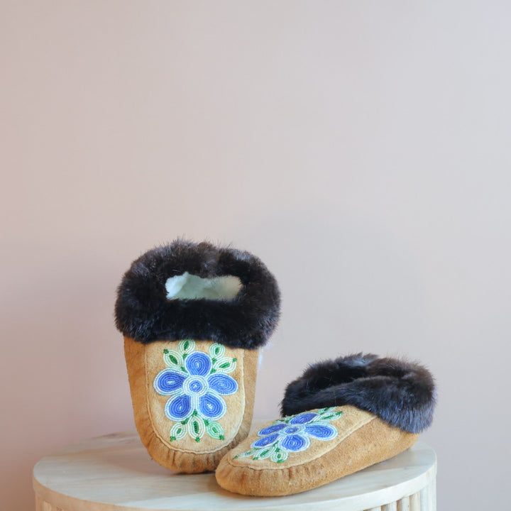Emily J. Pale Blue 5-Petal Floral Moose Hide Moccasins