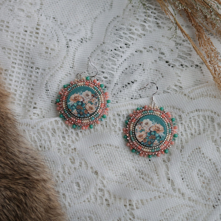 Prairie Sage Beadwork Pink & Green Floral Beaded Earrings