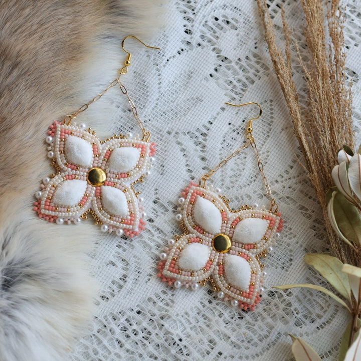 Prairie Sage Beadwork Peach Tufted Floral Earrings
