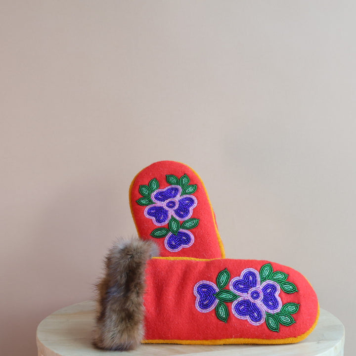 Emily J. Red Felt & Beaver Pelt Moose Hide Mittens