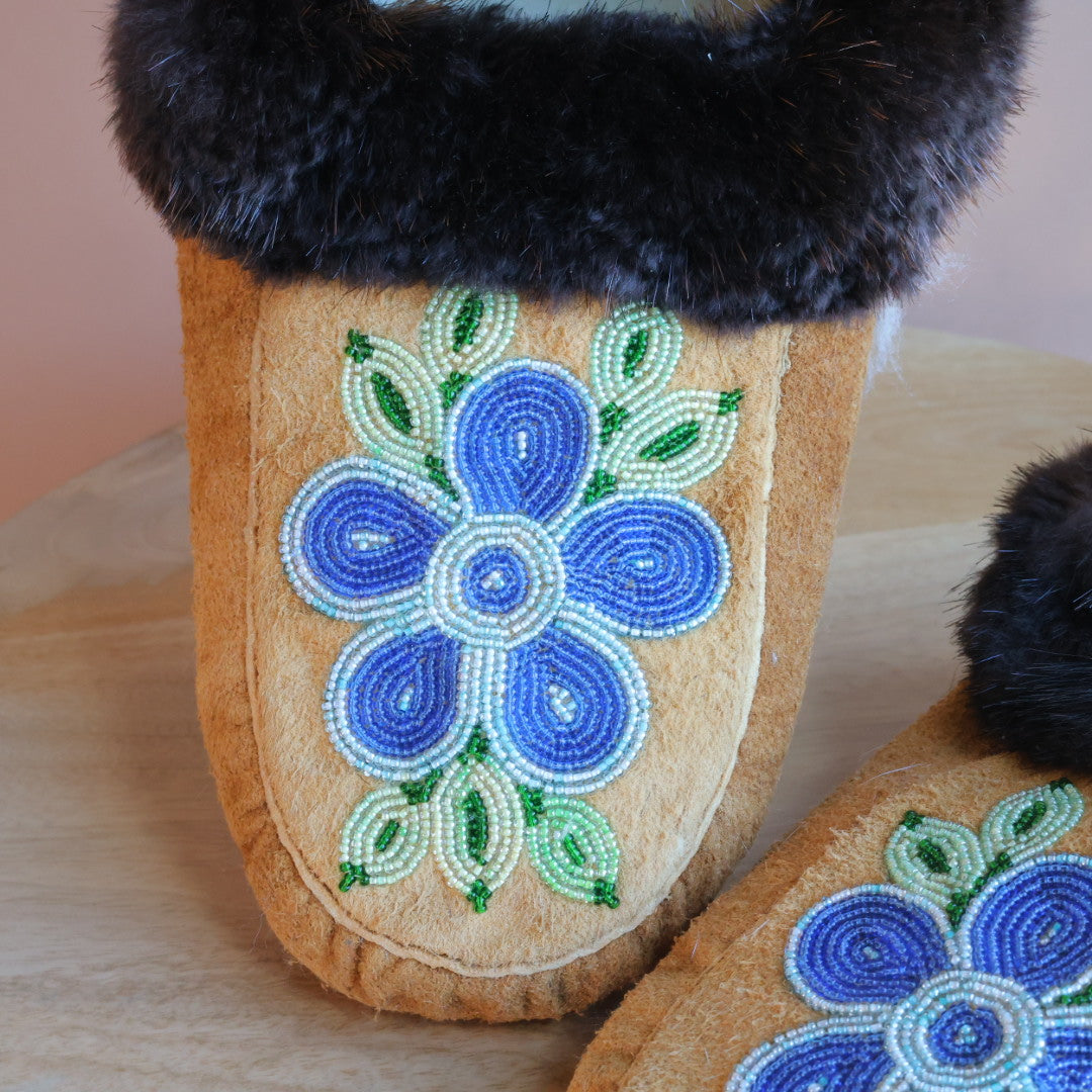 Emily J. Pale Blue 5-Petal Floral Moose Hide Moccasins