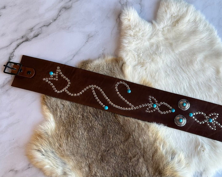 3.5" Handmade Brown Leather Belt with Turquoise