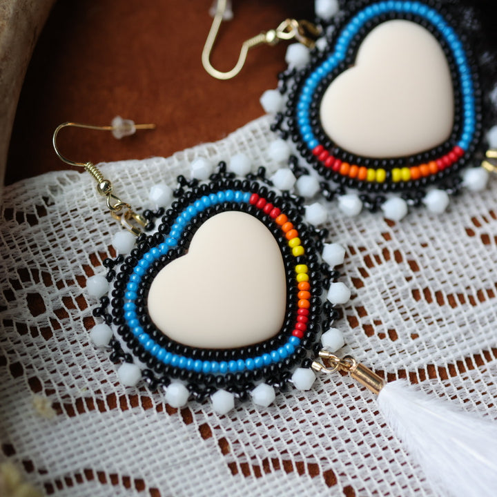 DMD Beadwork Beaded Ostrich Feather Heart Earrings