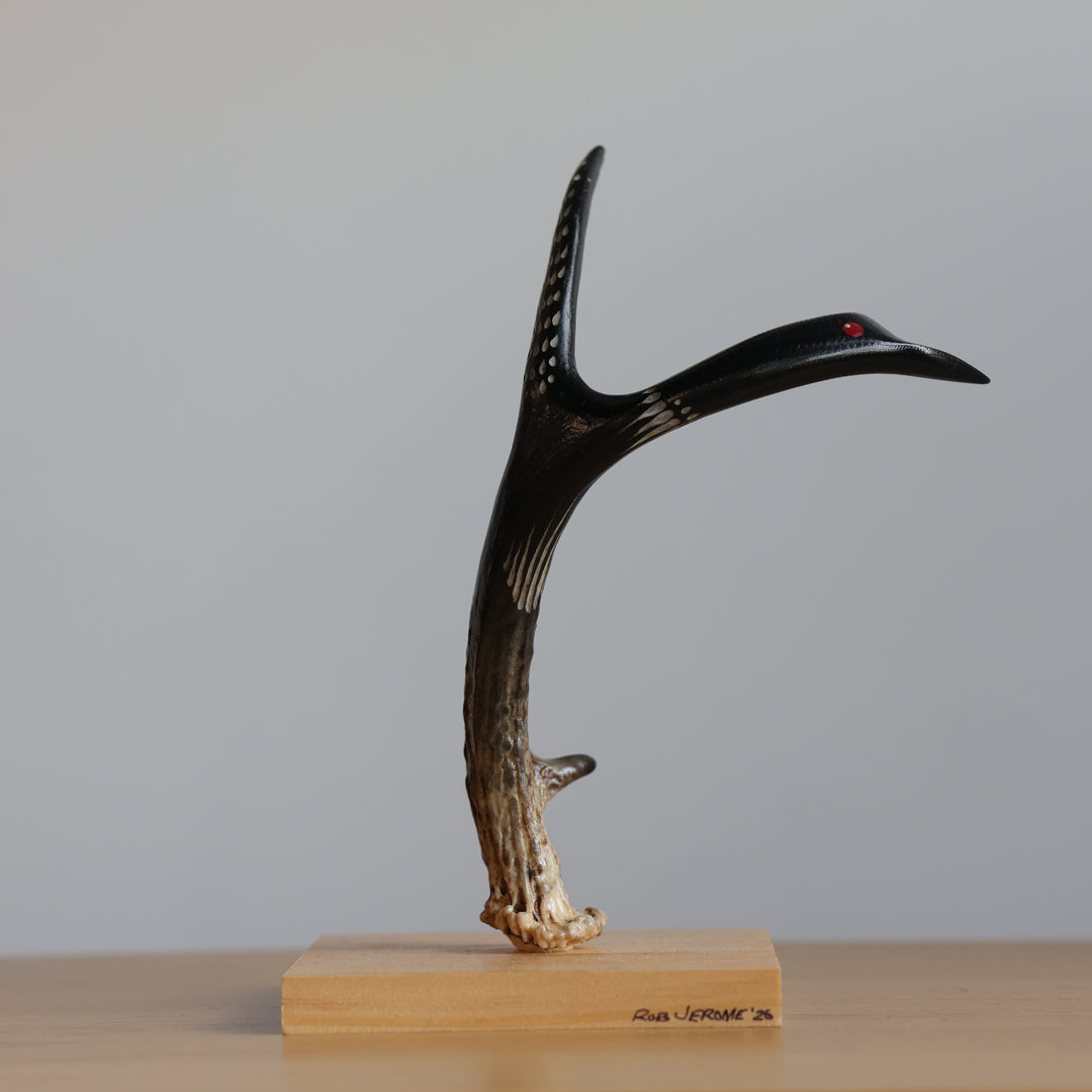Rob Jerome Small Loon Antler Carving on Wooden Base