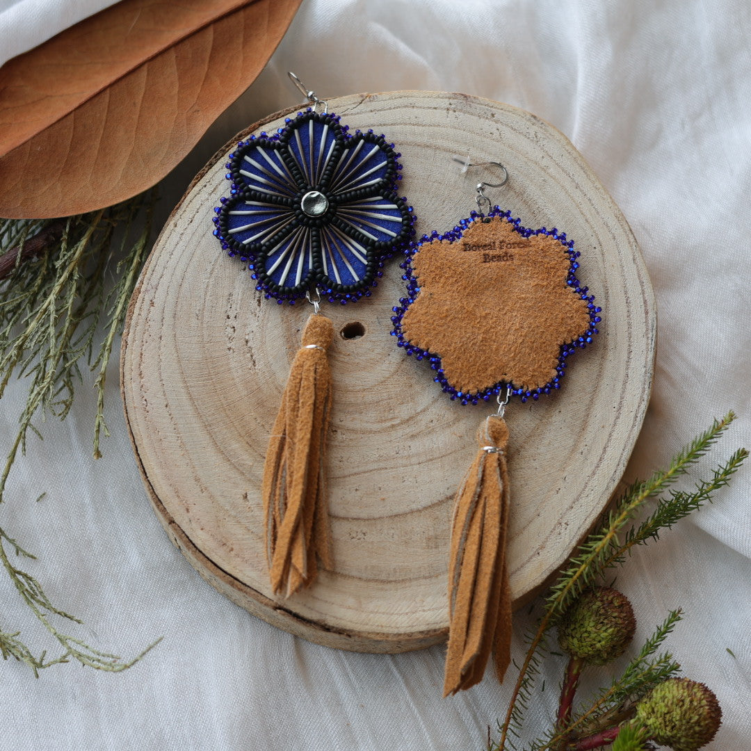 Boreal Forest Beads Floral Moose Hide Tassel Earrings